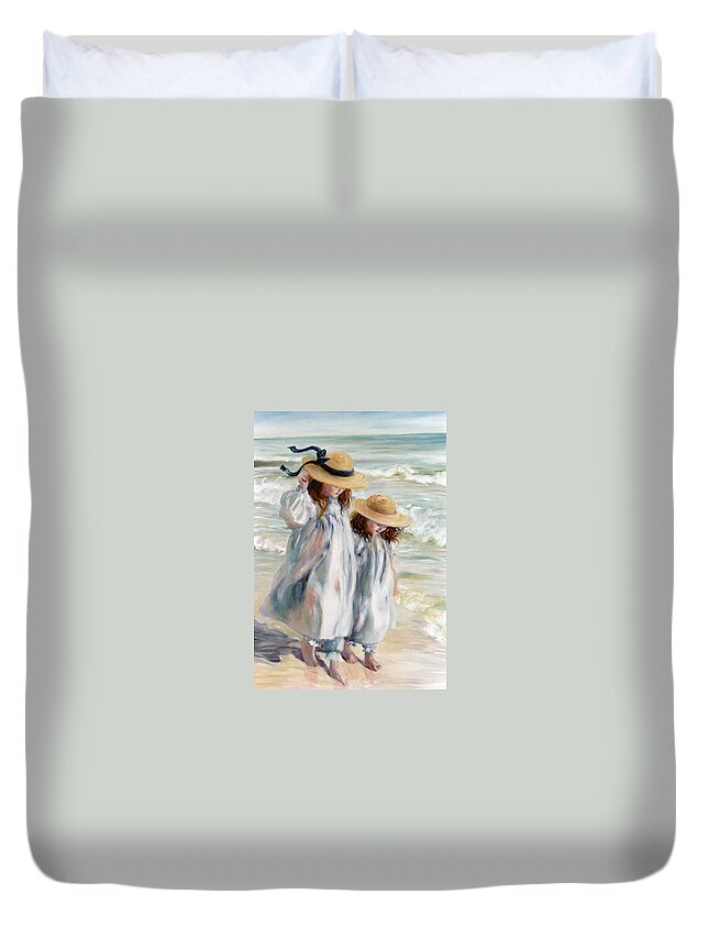 Sunhat Duvet Cover featuring the painting Sisters in Sunhats by Marie Witte
