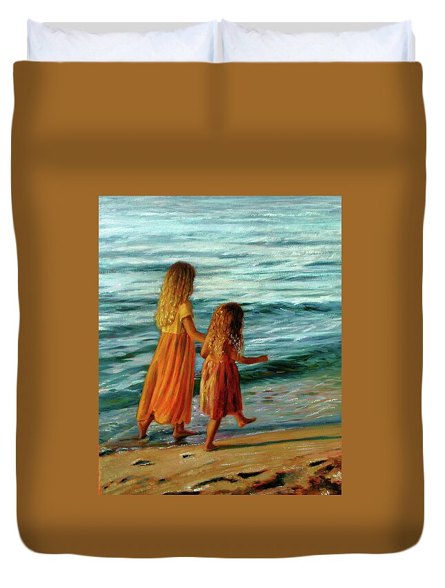 Young Sisters Duvet Cover featuring the painting Sisters Walking by Marie Witte