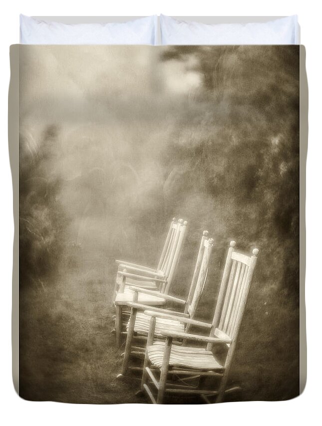 Mt. Pisgah Duvet Cover featuring the photograph Sit A Spell-sepia by Joye Ardyn Durham