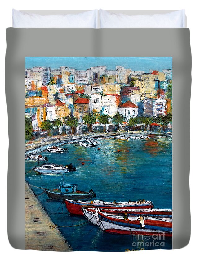 Greece Duvet Cover featuring the painting Sitia Greece by Jackie Sherwood