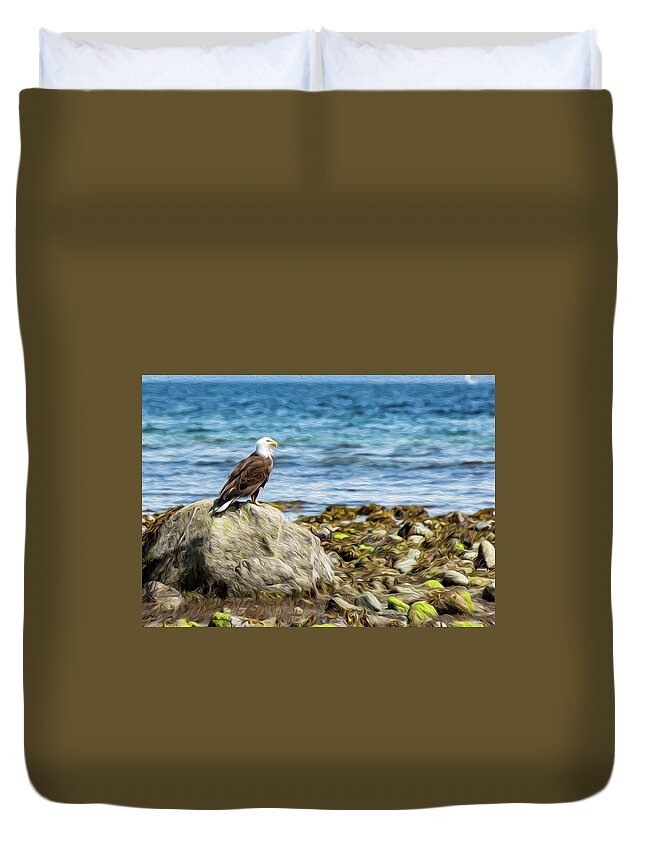 Bald Duvet Cover featuring the digital art Sitting Bald Eagle Digital Oil by Birdly Canada