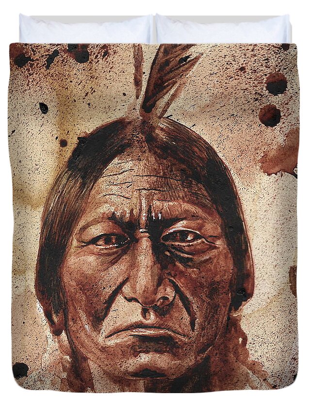 Ryan Almighty Duvet Cover featuring the painting SITTING BULL - dry blood by Ryan Almighty