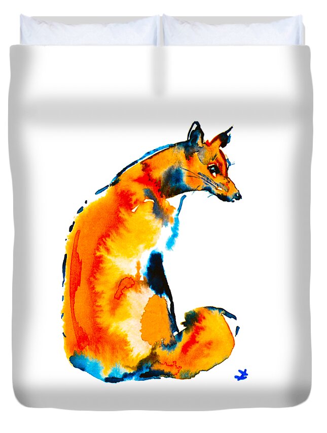Fox Duvet Cover featuring the painting Sitting Fox by Zaira Dzhaubaeva