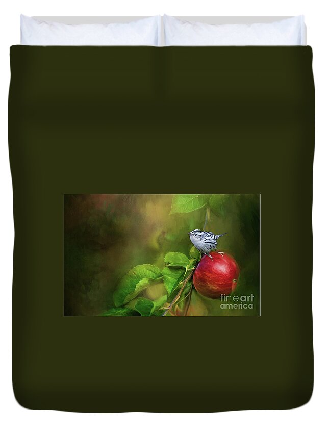Black And White Warbler Duvet Cover featuring the photograph Sitting on an Apple by Eva Lechner