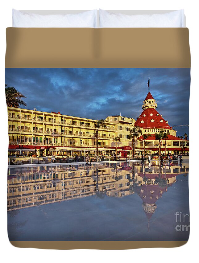 Seaside Duvet Cover featuring the photograph Skating by the Sea at the Hotel del Coronado, California by Sam Antonio