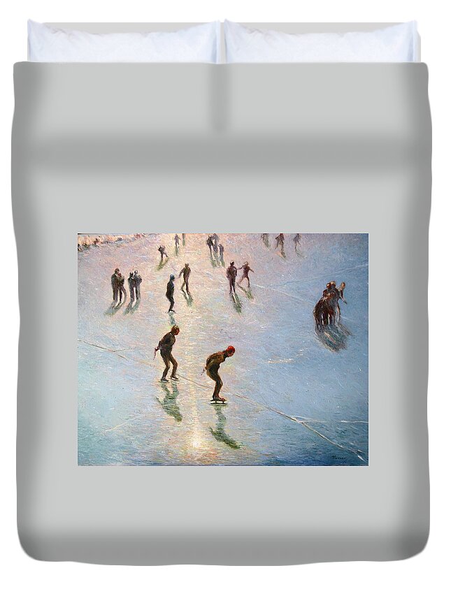 Landscape Duvet Cover featuring the painting Skating in the Sunset by Pierre Dijk