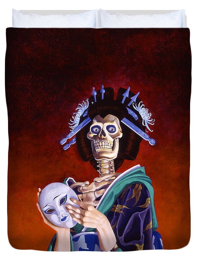 Skeleton Duvet Cover featuring the painting Skeletal Geisha with Mask by Melissa A Benson