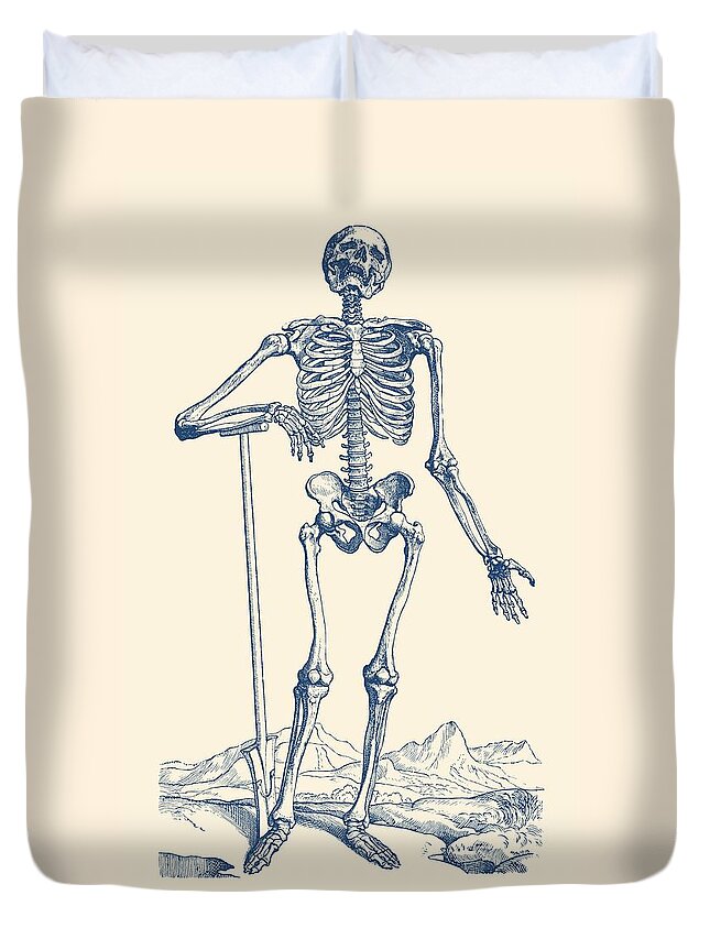 Skull Duvet Cover featuring the drawing Skeleton In The Wild - Vintage Anatomy Print by Vintage Anatomy Prints