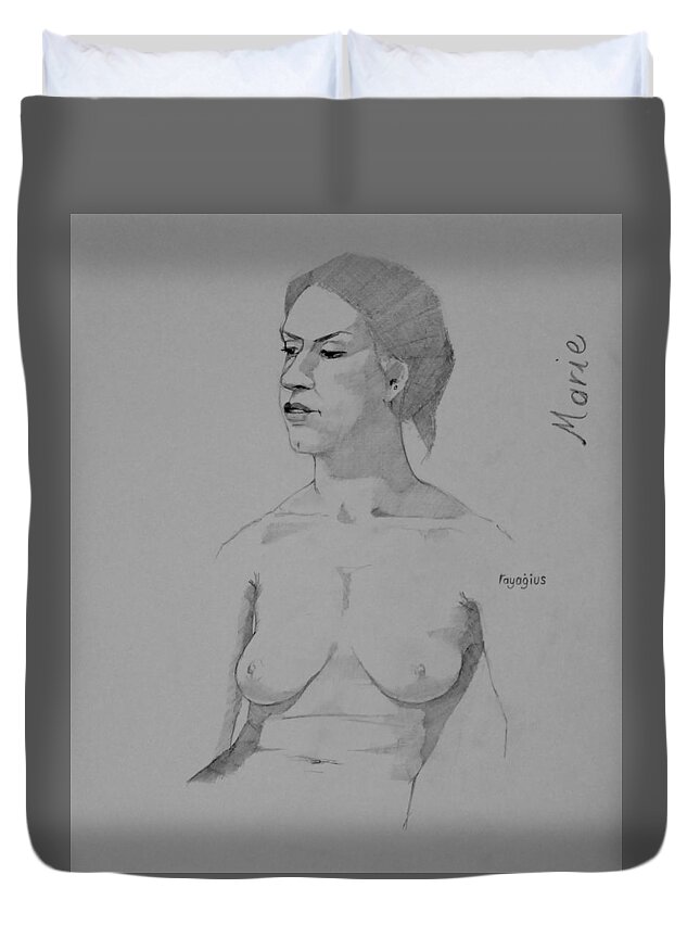 Female Duvet Cover featuring the drawing Sketch for Marie seated by Ray Agius