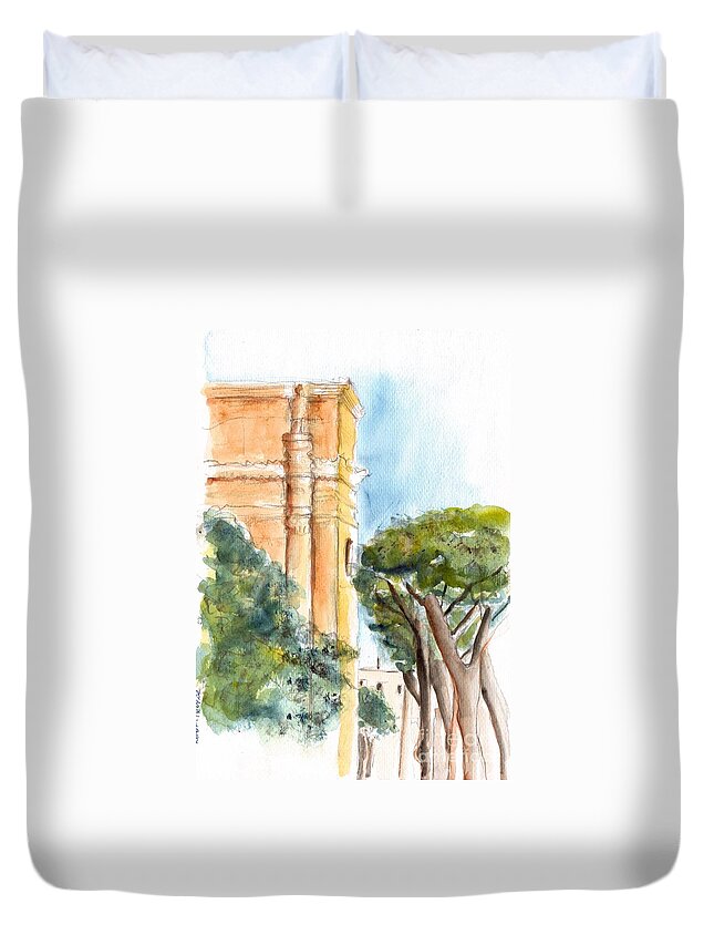 Landscape Duvet Cover featuring the painting Sketch of ancient cities by Karina Plachetka
