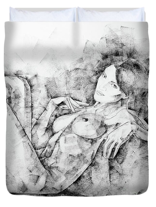 Art Duvet Cover featuring the drawing SketchBook Page 46 Drawing Woman Classical Sitting Pose by Dimitar Hristov