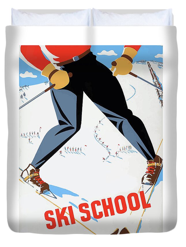 Ski School Duvet Cover featuring the painting Ski school, vintage holiday poster by Long Shot