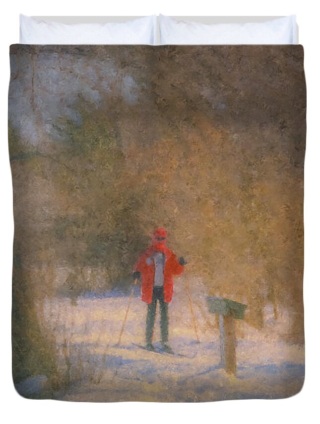 Skier Duvet Cover featuring the painting Skier on Pond Edge Trail at Borderland by Bill McEntee
