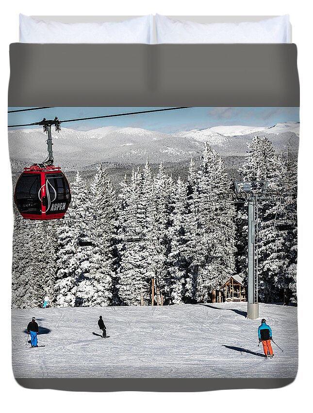  Duvet Cover featuring the photograph Skiers limber up under a gondola near the summit of Aspen Mountain by Carol M Highsmith