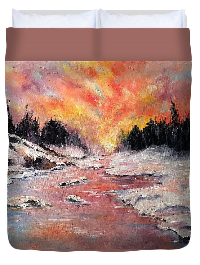 Sunset Duvet Cover featuring the painting Skies of Mercy by Meaghan Troup