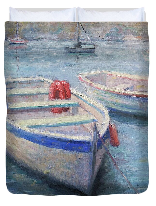 Landscape Duvet Cover featuring the painting Skiffs in Harbor by Sarah Parks