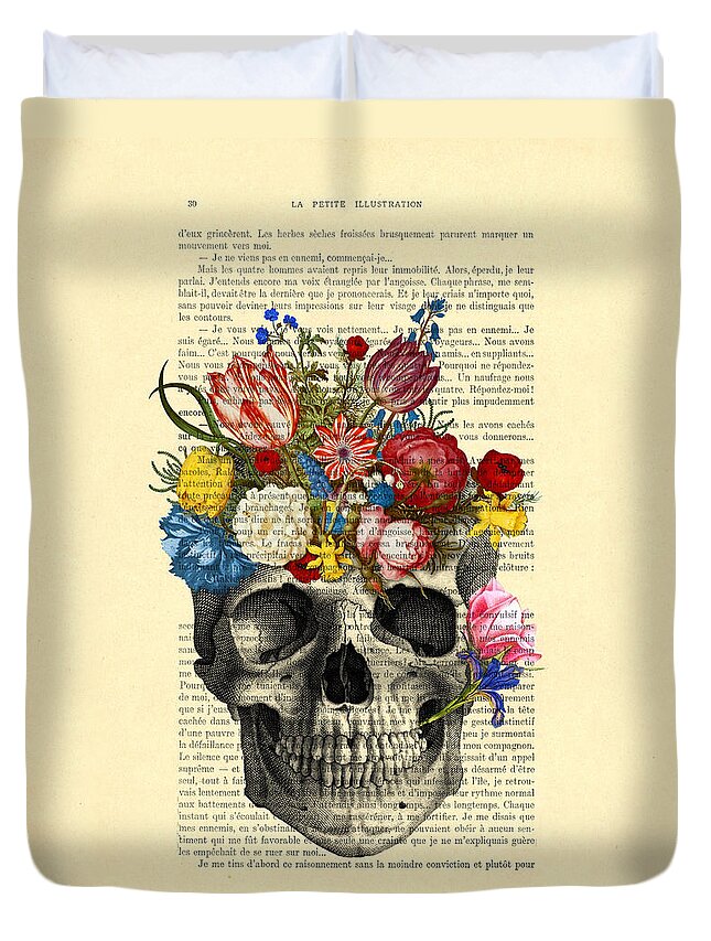 Till Death Do Us Part Duvet Cover featuring the digital art Skull With Flowers Vintage Illustration by Madame Memento