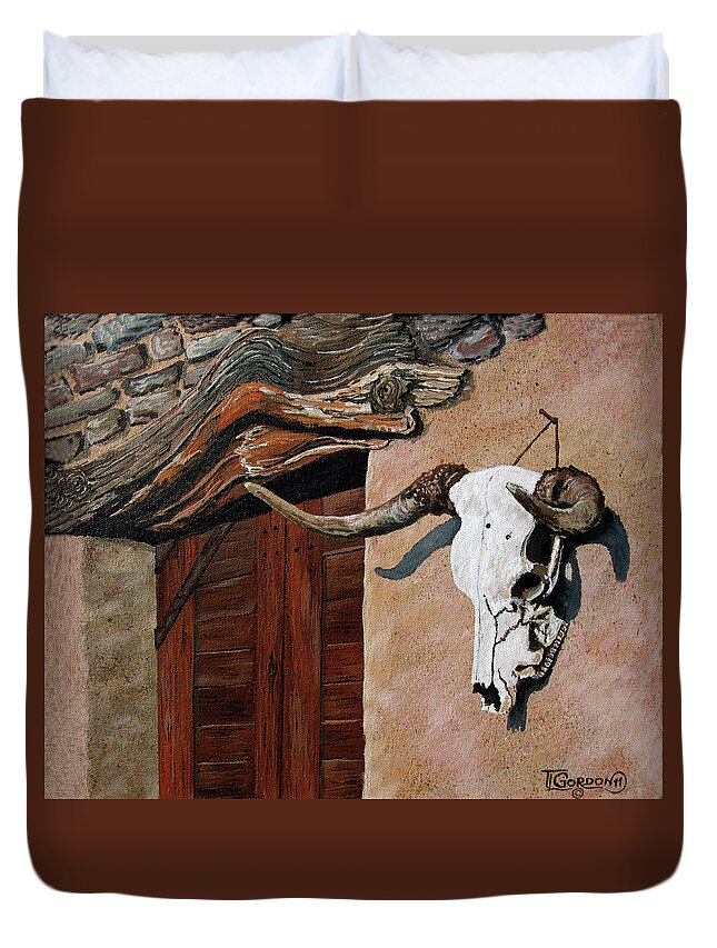 Rust Duvet Cover featuring the painting Skull en la casa by Timithy L Gordon