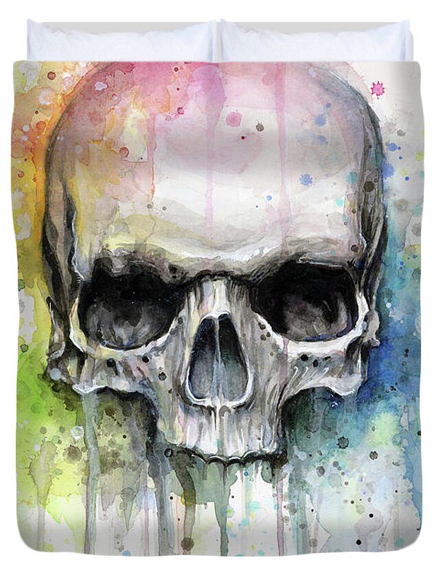 Skull Duvet Cover featuring the painting Skull Watercolor Rainbow by Olga Shvartsur