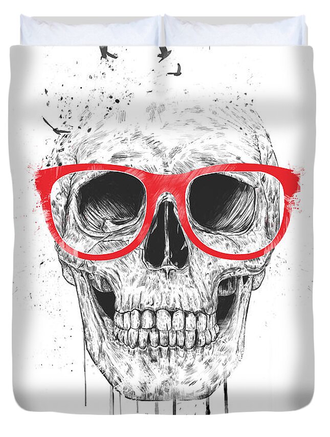 Skull Duvet Cover featuring the mixed media Skull with red glasses by Balazs Solti