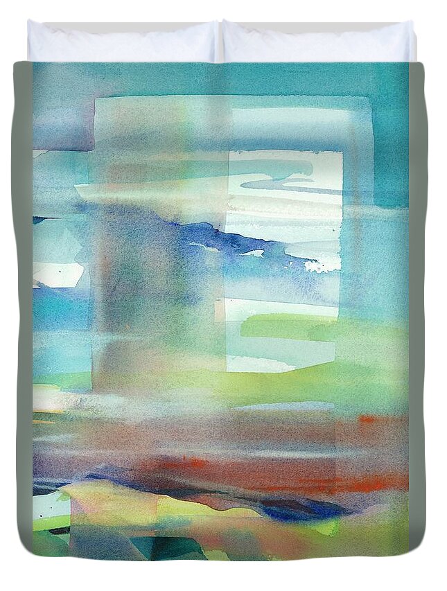 Utigard Watercolor Abstract Art Painting Modern Design Modular Strength Heal Empower Women Growth Spirit Form Color Line Texture Pattern Sky Window Green Blue Mountain Landscape Vision Rolling Hill Happy Peace Calm Vista Portrait Duvet Cover featuring the painting Sky Window 1 by Carolyn Utigard Thomas