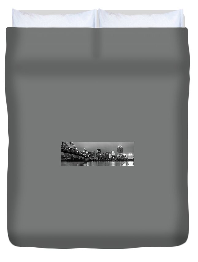 America Duvet Cover featuring the photograph Skyline Panorama of Cincinnati Ohio - USA - Black and White by Gregory Ballos
