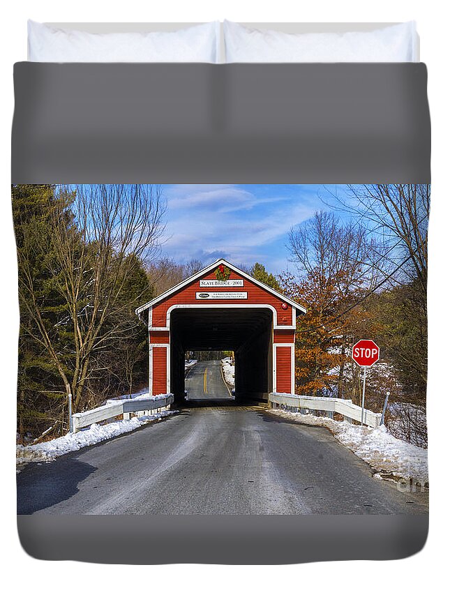 covered Bridge Duvet Cover featuring the photograph Slate Covered Bridge. by New England Photography