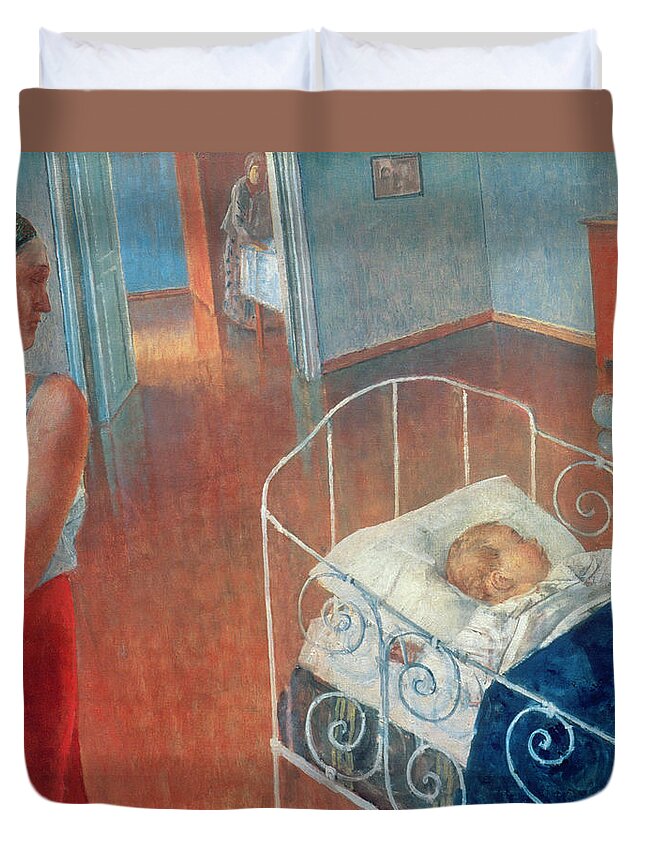 Sleeping Duvet Cover featuring the painting Sleeping Child by Kuzma Sergeevich Petrov Vodkin