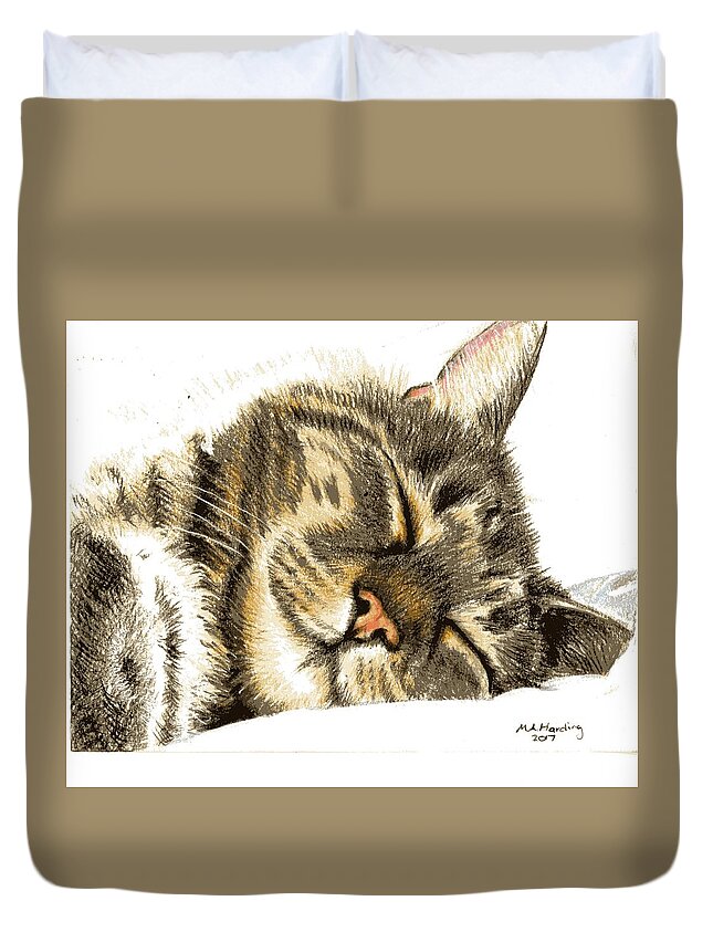 Sleeping Tabby Cat Products Duvet Cover featuring the drawing Sleeping Tabby Cat by Mary-Anne Harding