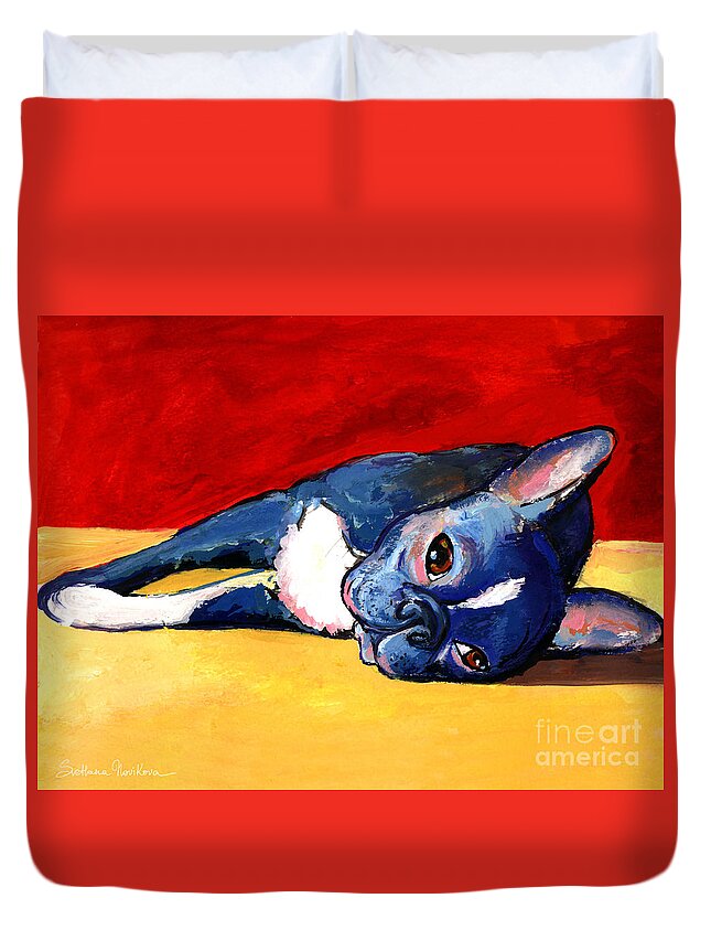 Boston Terrier Duvet Cover featuring the painting Sleepy Boston Terrier dog by Svetlana Novikova
