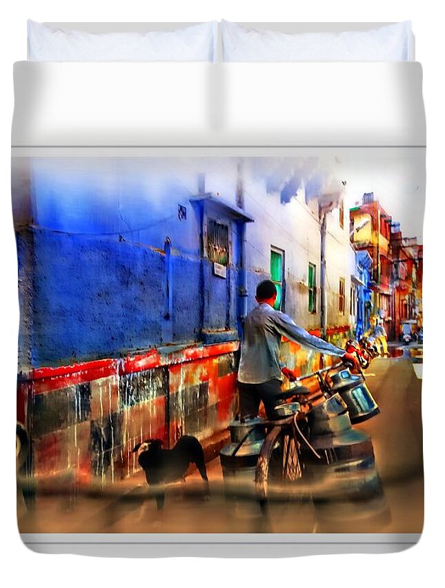 Milkman Duvet Cover featuring the photograph Slice of Life Milkman Blue City Houses India Rajasthan 1a by Sue Jacobi