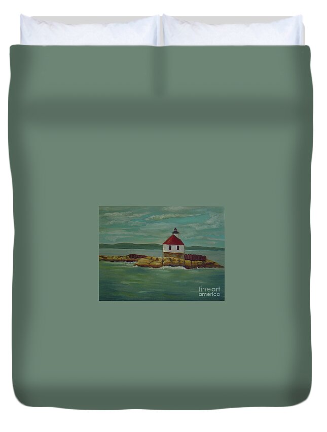 Lighthouse Duvet Cover featuring the painting Small Island Lighthouse by Lilibeth Andre