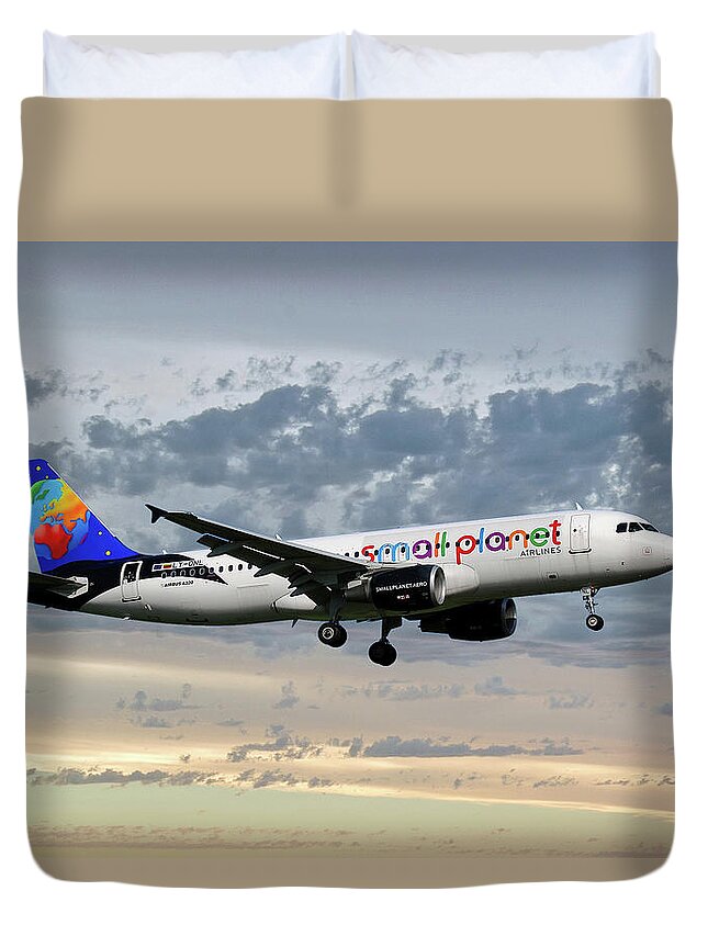 Small Planet Duvet Cover featuring the photograph Small Planet Airlines Airbus A320-214 by Smart Aviation