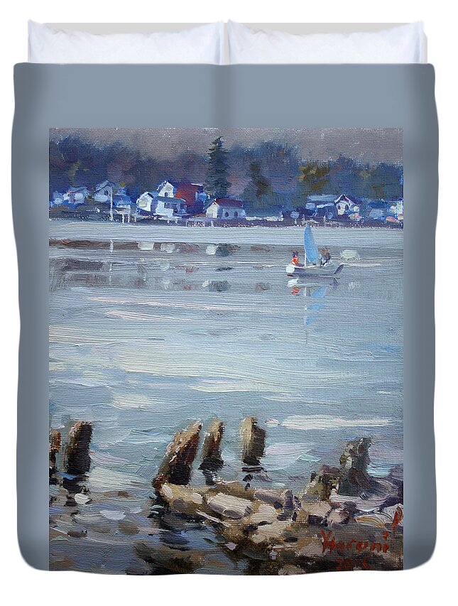 Town Duvet Cover featuring the painting Small Town Across Niagara River by Ylli Haruni