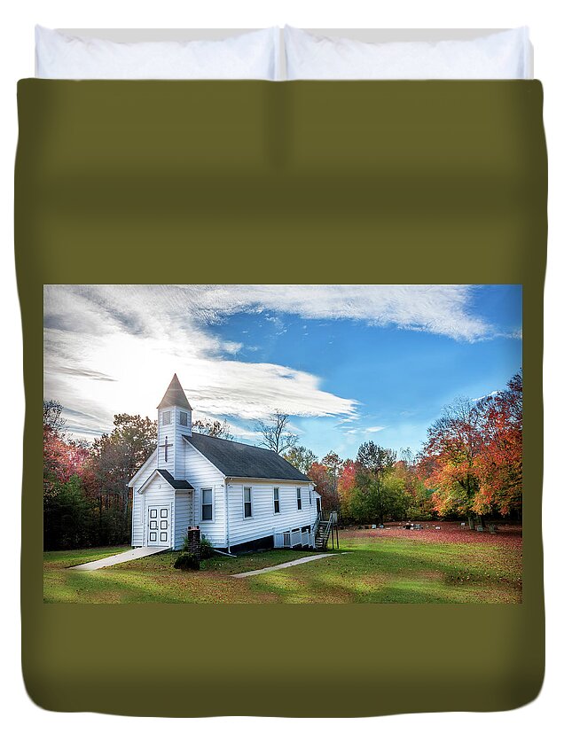 Church Duvet Cover featuring the photograph Small Wooden Church in the countryside during Autumn by Patrick Wolf