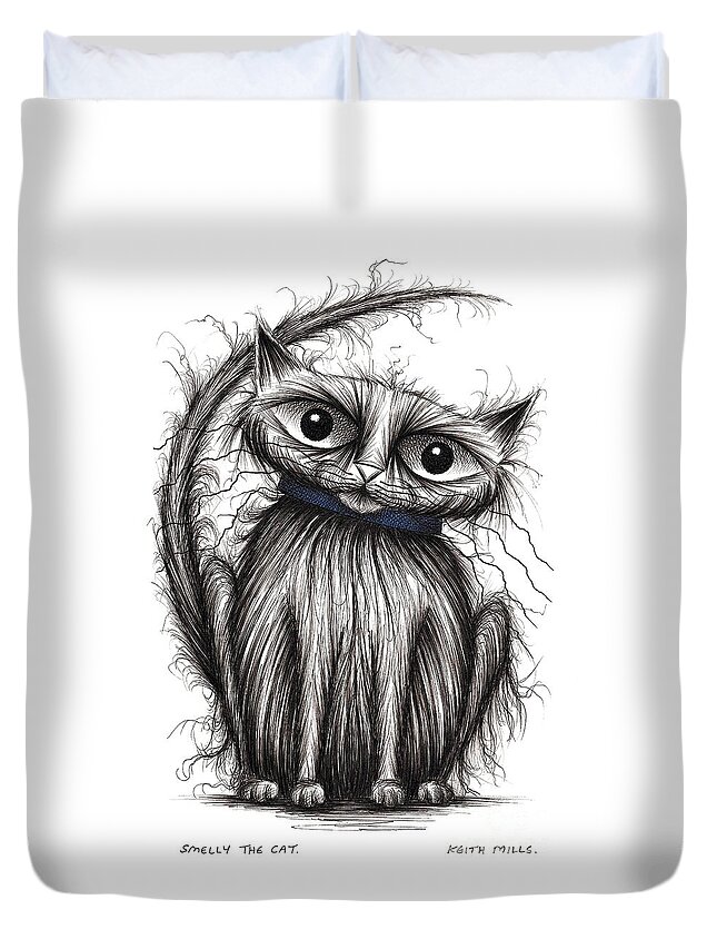 Smelly Cat Duvet Cover featuring the drawing Smelly the cat by Keith Mills