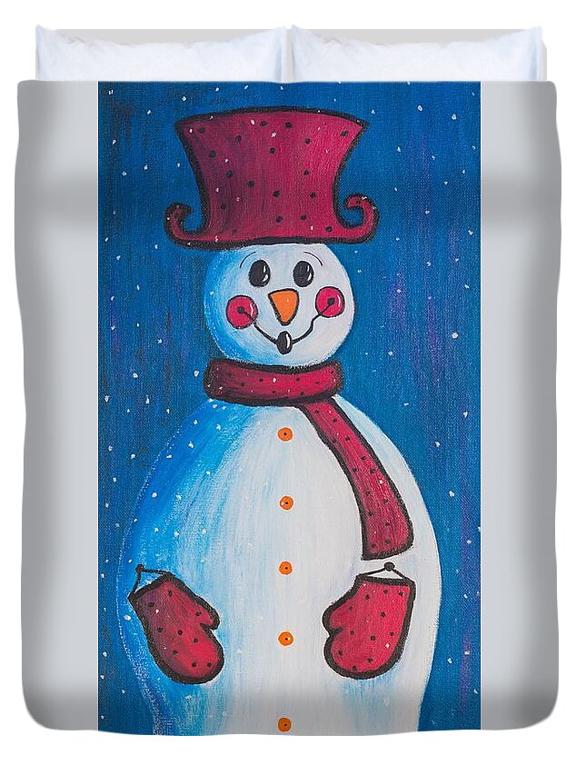 Snowman Duvet Cover featuring the painting Smiley Snowman by Neslihan Ergul Colley