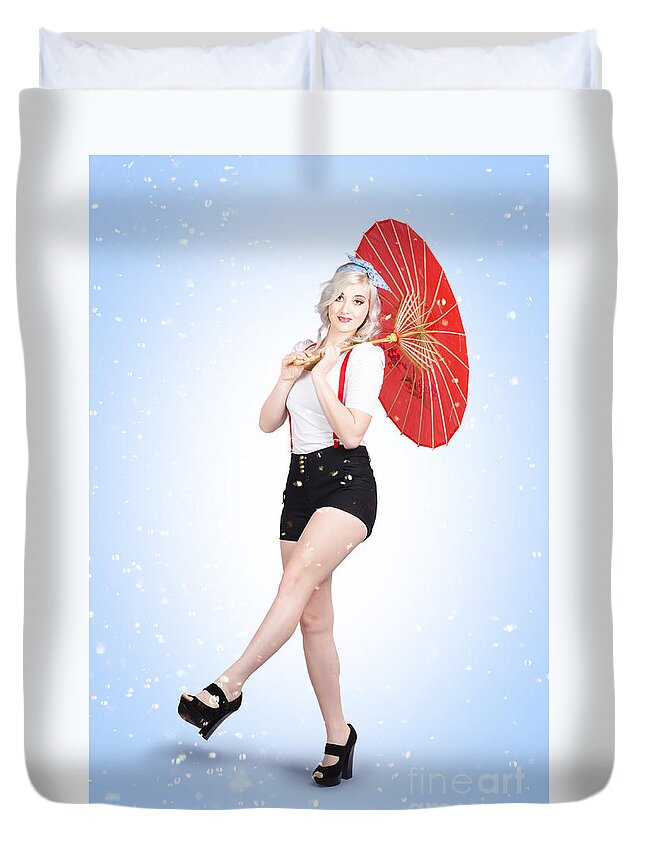 Rain Duvet Cover featuring the photograph Smiling young woman model standing in summer rain by Jorgo Photography