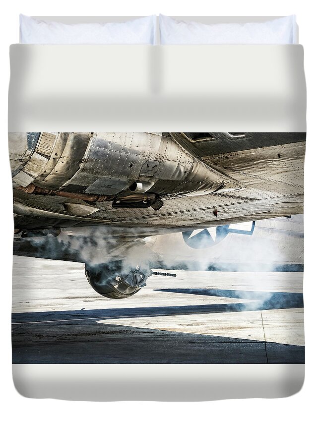 B-17 Bomber Duvet Cover featuring the photograph B-17 Madras Maiden Smoke Out by Sandra Selle Rodriguez