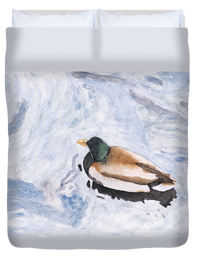 Watercolor Duvet Cover featuring the painting Snake Lake Duck Sketch by Ken Powers
