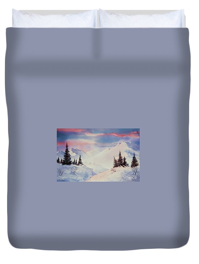 Snow And Sunrise Duvet Cover featuring the painting Snow and Sunrise by Teresa Ascone