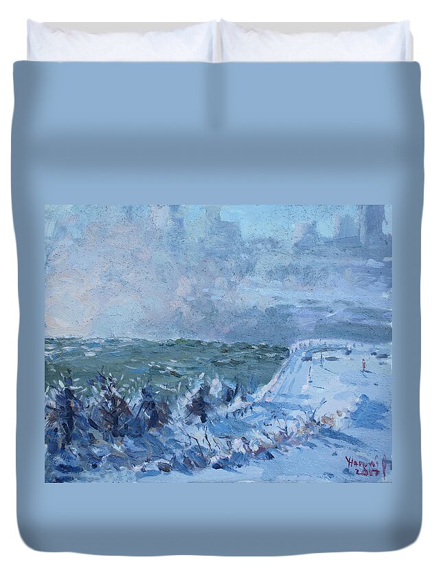 Snow Duvet Cover featuring the painting Snow at Horseshoe Falls by Ylli Haruni