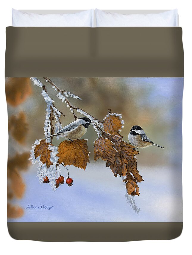 Chickadees Duvet Cover featuring the painting Snow Chickadees by Anthony J Padgett
