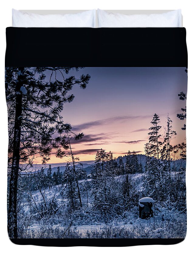 Photograph Duvet Cover featuring the photograph Snow Coved Trees and Sunset by Lester Plank