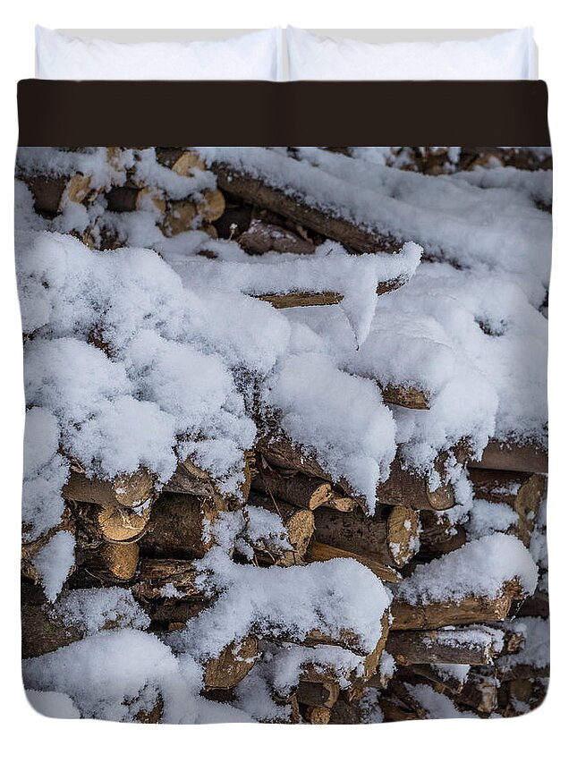 Landscape Duvet Cover featuring the photograph Snow Covered Firewood by Chris Bordeleau