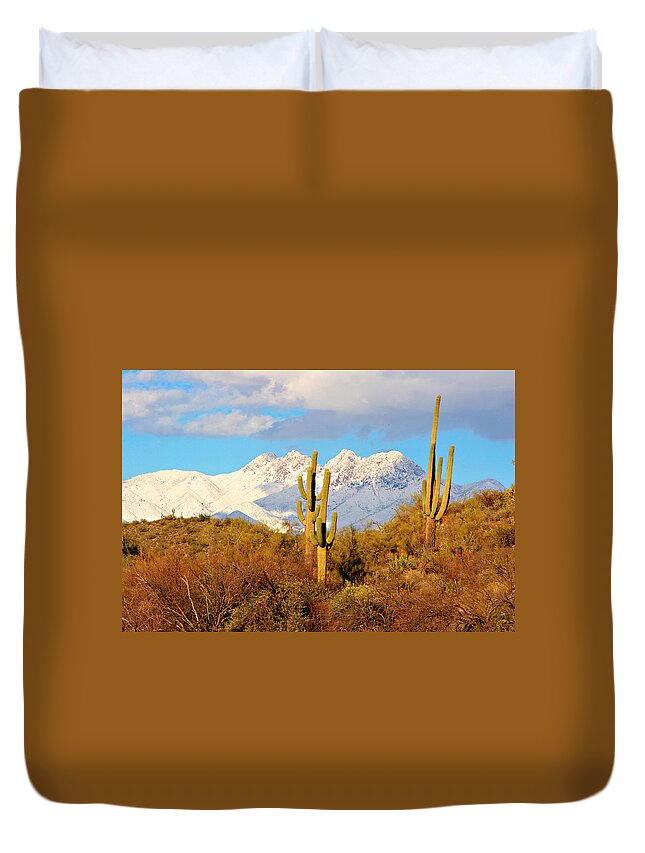 Desert Duvet Cover featuring the photograph Snow Covered Four Peaks by James BO Insogna