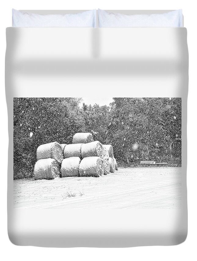 Chisolm Duvet Cover featuring the photograph Snow Covered Hay Bales by Scott Hansen