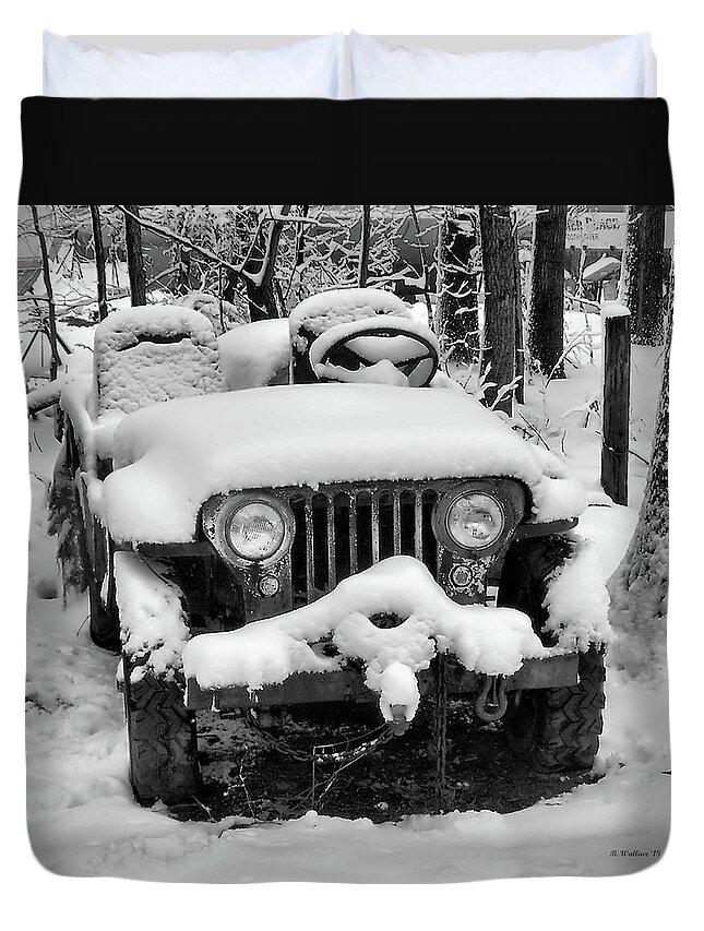 2d Duvet Cover featuring the photograph Snow Covered Jeep In BW by Brian Wallace