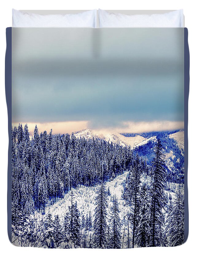Idaho Duvet Cover featuring the photograph Snow Covered Mountains by Lester Plank