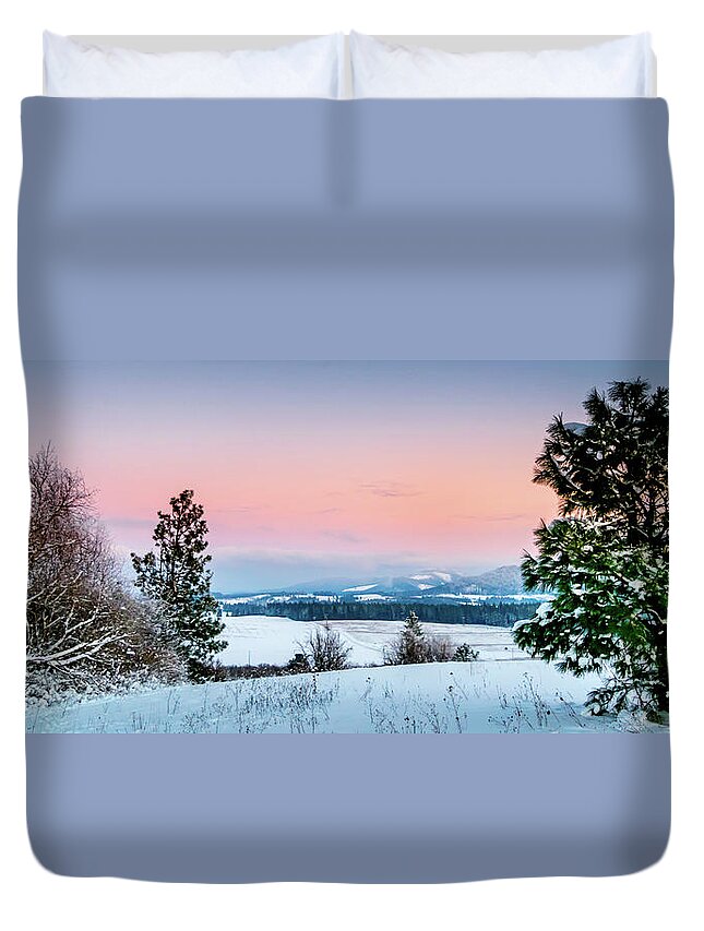 Pine Tree Duvet Cover featuring the photograph Snow Covered Valley by Lester Plank